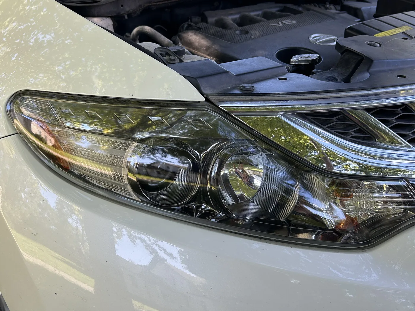 The same driver-side headlight after restoration, the lens clear end to end with both projectors and the reflector texture sharply visible